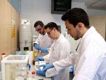 César Alonso, Francisco Javier Gran y Gabriel Sánchez, fundadores de la start-up Nutrihorizon del Parque Científico de la UMH y titulados en Biotecnología por la UMH